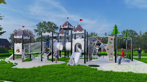 PE castle playground system with slides, climbing panels and activity towers